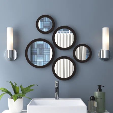 Wade Logan® Allysan Modern & Contemporary Mirror Set | Wayfair Set Of Mirrors, Black Wall Mirror Living Room, Round Mirror Collage Wall, Mirror Arrangements On Wall, Round Mirrors Decor Ideas, Small Round Mirrors On Wall, Circular Mirror Decor, Small Circle Mirrors On Wall Ideas, Circle Mirrors On Wall Decor