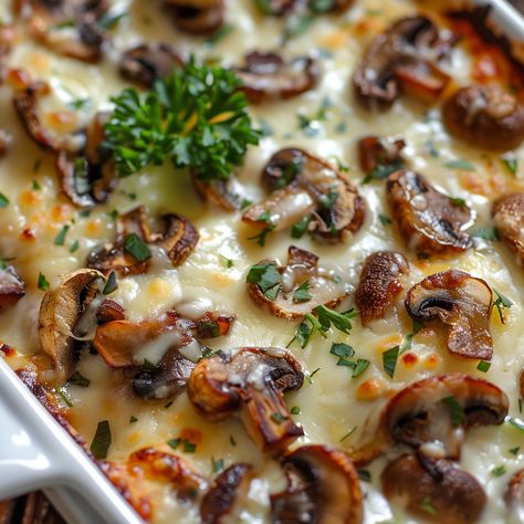 Mushroom Mozzarella Bake Mushroom Mozzarella Bake, Sliced Mozzarella Recipes, Fresh Mozzarella Recipe Meals, Mushroom Mozzarella, Fresh Mozzarella Recipe, Mozzarella Bake, Spinach Casserole, Mozzarella Recipes, Garlic Mushrooms