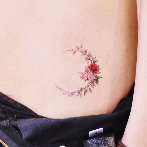 Garland Tattoo, Crescent Tattoo, Micro Flowers, Tattoos Watercolor, Watercolor Rose Tattoos, Simple Tattoos For Women, Moon Flowers, Moon Tattoos, Pinterest Garden