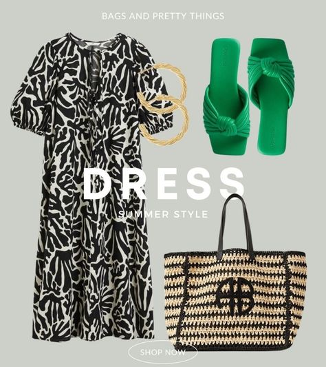 H&M dress with green sandals and straw tote bag Green Sandals Outfit, H&m Maxi Dress For Vacation, H&m Summer Maxi Dress For Beach, Casual H&m Maxi Dress For The Beach, Chic Dress Style, H&m Summer Sundress For Vacation, H&m Casual Beach Sundress, H&m Fashion, Summer Holiday Outfits