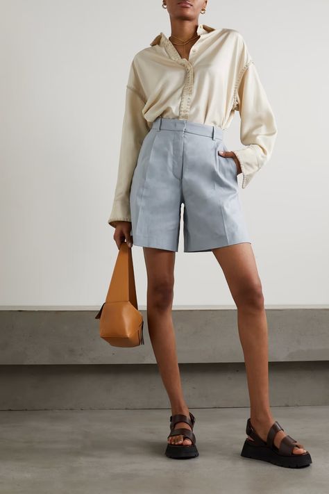 Longer Shorts Outfits, Blue Shorts Outfits Women, Light Blue Shorts Outfit, Long Shorts Outfits Women, Blue Shorts Outfit, Longer Shorts, Joseph Clothing, Shorts Outfits Women, Corporate Outfits