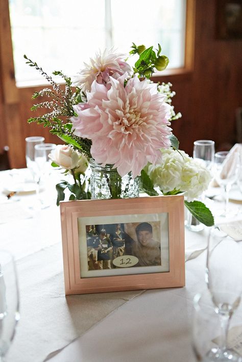 Picture Frame Centerpiece Ideas, Centerpieces With Pictures, Photo Wedding Centerpieces, Picture Centerpieces, Photo Centerpieces, Baby Shower Pictures, Birthday Centerpieces, Event Flowers, Grad Party