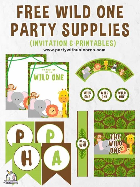 Wild One Party Printables - Free to Download and use at your event. The set includes Wild One Invitations, Wild One Birthday Banner, Wild One water bottle wrappers, Wild One cup cake wrapper and toppers and Wild one chocolate bar wrappers. #wildone #wildoneparty #wildonepartyideas #firstbirthdayideas #Jungleparty #animalparty Wild One Party Ideas, Gender Neutral Party Themes, First Birthday Decorations Boy, Adventure Birthday Party, Wild One Party, Neutral Party, First Birthday Balloons, The Wild One, Happy Birthday Cards Printable