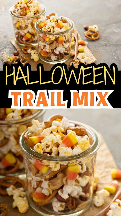 Whip up a spooktacular Halloween Trail Mix that's both sweet and savory! Featuring popcorn, pretzels, nuts, and candy corn, this Halloween Snack Mix is the perfect treat for parties and movie nights. Dive into the festive spirit! Halloween Snack Mix Recipes For Kids, Candy Corn Trail Mix Recipes, Halloween Trail Mix Recipe, Halloween Trail Mix, Healthy Trail Mix Recipes, Homeschool Meals, Halloween Snack Mix, Fall Party Food, Easy Halloween Snacks