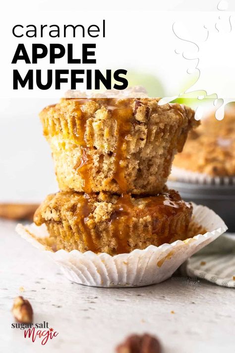 Caramel Apple Muffins are super-moist, super-tender cinnamon apple crumble muffins, topped with an easy homemade caramel sauce. Crunchy crumble, cinnamon, apple and soft, fluffy muffins with smooth caramel are next level delicious. #sugarsaltmagic #applemuffins #fallrecipes #muffins Cinnamon Apple Crumble, Easy Homemade Caramel Sauce, Caramel Apple Muffins, Apple Crumble Muffins, Easy Homemade Caramel, Fluffy Muffins, Crumble Muffins, Apple Muffin Recipes, Applesauce Muffins