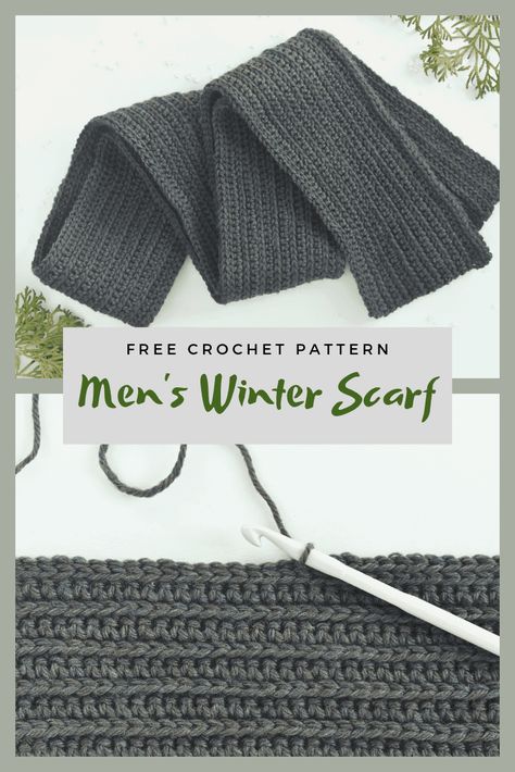 Men's Winter Scarf Free Crochet Pattern. If you would like to crochet a winter scarf for a special guy, this crochet winter scarf pattern may be just what you need. The scarf is a classic style and Beginners friendly! #crochet #aboutcrochet #crochetstitches #crochetpatterns #crochettutorial #freecrochetpattern #crochettips #crochettechniques #crochetprojects #crochetscarfs #crochetformen Men Scarf Crochet Pattern, Crochet Winter Scarf, Men Scarf Pattern, Crochet Scarf Pattern Free Easy, Winter Scarf Pattern, Winter Hat Crochet Pattern, Crochet Mens, Crochet For Men, Crochet Mens Scarf