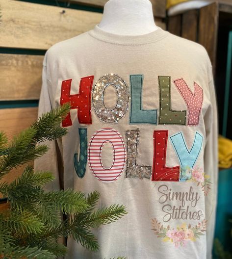 HOLLY JOLLY Long Sleeve Tshirt, Raggy Edge, Appliqued Long Sleeve T-shirt, Gildan, Christmas Shirt, Santa Shirts, - Etsy Embroidered Sweatshirt Diy, Christmas Sweatshirt Ideas, Diy Christmas Shirts, Quilt Shirt, Christmas Patchwork, Applique Sweatshirt, Patchwork Sweatshirt, Patchwork Clothes, Christmas Flannel