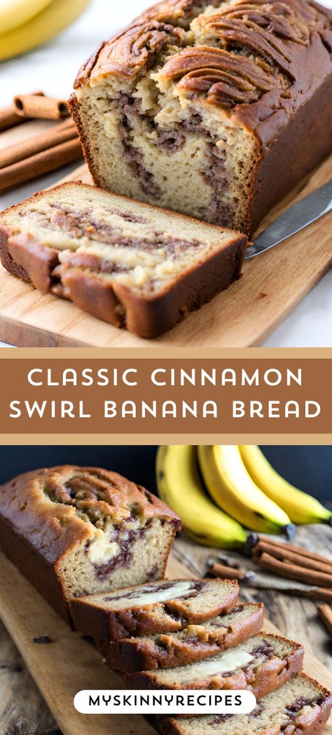 Indulge in the ultimate comfort treat with this Classic Cinnamon Swirl Banana Bread 🍌✨ Perfectly moist, with a delightful swirl of cinnamon sugar throughout! Easy to make and even easier to enjoy. #Classic Cinnamon Swirl Banana Bread#bananabread #cinnamonswirl #homemade #baking 🍞😋 Cinnamon Swirl Banana Bread Muffins, Banana Bread With Cinnamon Swirl, Easy Cinnamon Swirl Bread, Cinnamon Swirl Banana Bread Recipe, Cinnamon Crunch Banana Bread Recipe, Banana Swirl Bread, Best Banana Bread Recipe Moist Healthy, Banana Bread Recipe Cinnamon Swirl, Cinnamon Banana Bread Muffins