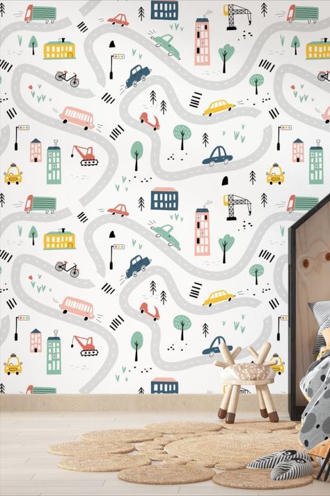 If your little one is a big fan of cars, why not create a fun themed kids bedroom with these Colorful cars and Traffic Jam Pattern Wallpaper on a neutral background? Kids will love following the pattern of traffic with cute toy cars, trees and traffic lights on the walls with new and exciting features. Boys Bedroom Wallpaper, Kids Mural, Car Themed Bedrooms, Screen Print Ideas, Girls Bedroom Wallpaper, Wallpaper Glue, Wallpaper Nursery, Wallpaper Kids, Wallpaper Colorful