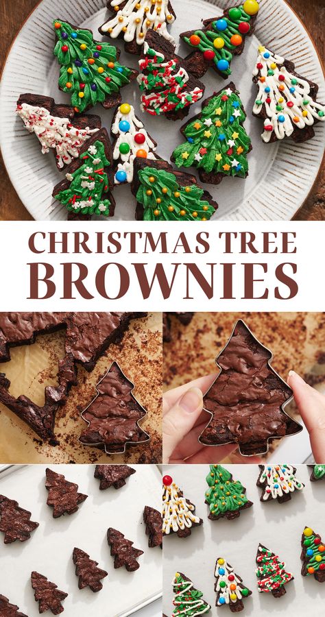 These adorable Christmas Brownies will be the talk of your holiday party! Super cute, easy, and totally customizable, these festive brownie trees will be a hit with any crowd. These Christmas Tree Brownies are a great recipe for kids - so cute, fun and simple to decorate together. Christmas Tree Brownies Holiday Treats, Easy Christmas Deserts With Kids, Christmas Tree Food Theme, Fun Christmas Baking Ideas For Kids, Holiday Theme Desserts, Christmas Themed Meals For Kids, Christmas Decorated Brownies, Brownie Trees Christmas, Brownie Christmas Trees