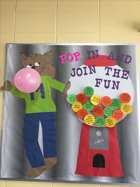 May bulletin board: "Pop in and join the fun". #May #bubblegum #3D #Wiley #Maplebrook #weare203 Gumball Bulletin Board, Bubblegum Bulletin Board, Pop It Bulletin Board Ideas, May Bulletin Board, Pta Activities, Preschool Room Decor, Captain Ideas, Pta Membership, Preschool Room