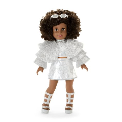 Diamond Outfit, Girl Wishlist, American Girl Store, Ribbon Choker, Doll Aesthetic, Silver Sunglasses, American Doll Clothes, Doll Outfits, Silver Sandals