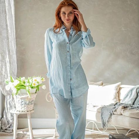 Light Blue Linen Shirt, Women Linen Shirt, Summer Linen Shirt, Washed Linen Shirt, Linen Clothing, Plus Size Clothing, Boho Linen Shirt Linen Shirt Outfit Women, Light Blue Linen Shirt, Women Linen Shirt, Linen Shirt Women, Linen Shirt Outfit, Beach Minimalist, Summer Linen Shirt, Blue Linen Pants, Summer Linen Pants