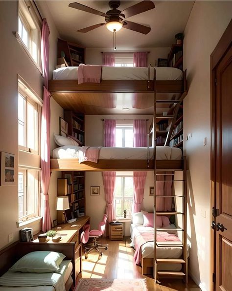 3 Person Bedroom, Fantasy Dorm Room, Pjo Visuals, Bunk Bed Aesthetic, Log Home Bedroom, Loft Bed Curtains, Caravan Vintage, Mini Apartments, Best Bedroom Designs