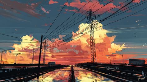 power line tower vector art #artwork digital art #Aenami #clouds #sky #1080P #wallpaper #hdwallpaper #desktop Alena Aenami, L Wallpaper, Desktop Wallpaper Art, Wallpaper Animes, Aesthetic Desktop Wallpaper, Sunset Wallpaper, Wow Art, Anime Scenery Wallpaper, Computer Wallpaper