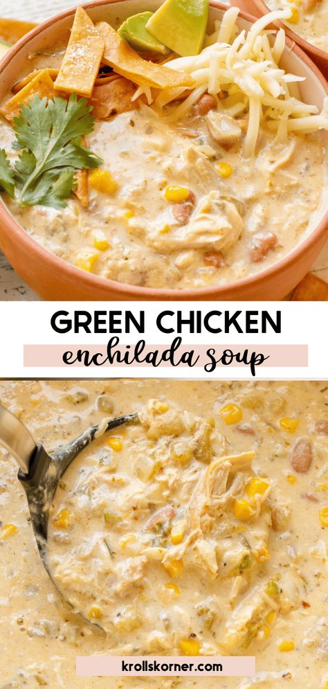 Green Chile Enchilada Soup, Spicy Veggie Soup, Green Chile Chicken Enchilada Soup, Green Chicken Enchilada Soup, Green Chicken Enchiladas, Oatmeal Pie, Tortilla Strips, Chile Recipes, Green Chicken