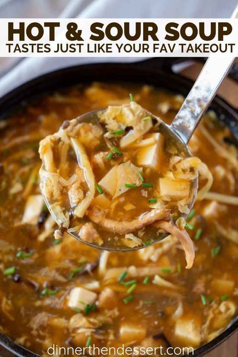 Hot and Sour Soup is the PERFECT combo of spicy and savory, made with pork, mushrooms, bamboo shoots, tofu, and eggs in a savory seasoned broth with soy sauce and vinegar. #chinese #chinesefood #takeout #soup #dinner #recipe #authentic #restaurantstyle #dinnerthendessert Hot And Sour Mushroom Soup, Asian Hot And Sour Soup, Hot And Sour Egg Drop Soup, Authentic Hot And Sour Soup Recipe, Pf Chang Hot And Sour Soup Recipe, Hot And Sour Wonton Soup, How To Make Hot And Sour Soup, Best Hot And Sour Soup Recipe, Sweet And Sour Soup Chinese