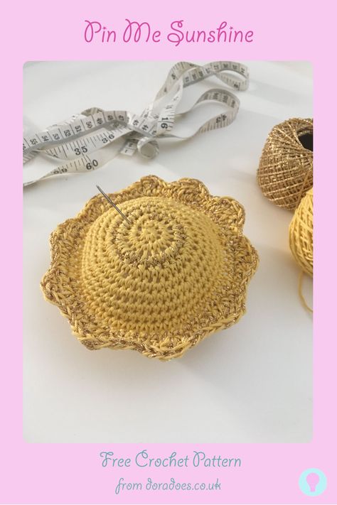 Sunshine Crochet Pin Cushion. Free crochet pattern for easy stash busting crochet project. Perfect for beginner crocheters Sunshine Crochet Pattern, Crochet Sunshine, Stash Busting Crochet, Crochet Pin Cushion, Sunshine Crochet, Quick Easy Crochet, Colourful Crochet, One Skein Crochet, Scrap Yarn Crochet