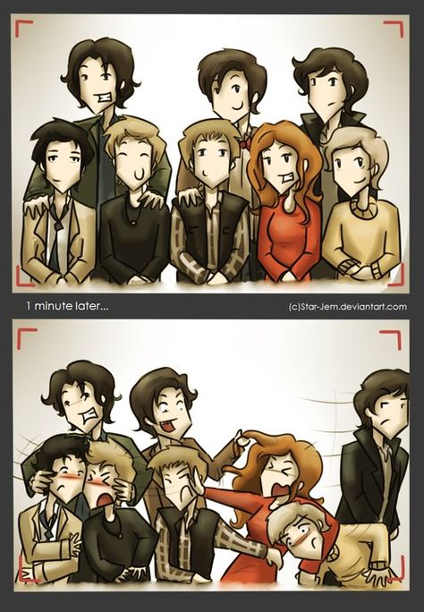 Group photo Superwholock Fanart, Supernatural Series, Photo Time, John Barrowman, Fandom Crossover, Ace Attorney, Wibbly Wobbly Timey Wimey Stuff, Timey Wimey Stuff, Family Pics