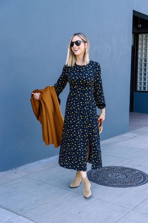 2023 Fall Dresses, Outfits 2024 Fall, Booties With Dress, Mustard Skirt Outfit, Bootie Dress, Booties Outfit Fall, Dress With Booties, Dress With Ankle Boots, Modest Winter Outfits