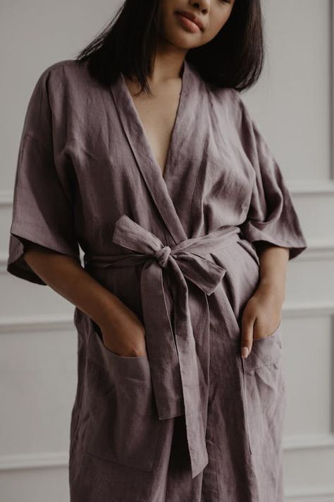 Chill At Home, Linen Bathrobe, Women Kimono, Sheer Linen Curtains, Linen Robe, Dusty Lavender, Kimono Design, Rosy Brown, After Bath