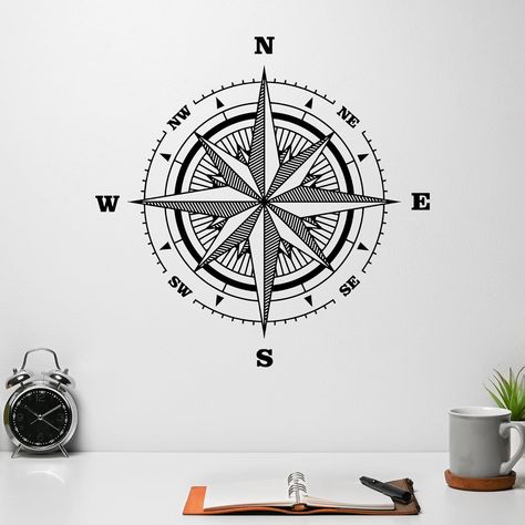 Amazon.com: Vinyl Wall Decal Compass Nautical Travel Tourism Sea Style Stickers Mural Large Decor (g6423) Black : Tools & Home Improvement Compass Aesthetic Vintage, Compass Mural, Compass Rose Art, Compass Picture, Nautical Tattoo Sleeve, Compass Art, Masculine Tattoos, Sea Style, Engraving Ideas