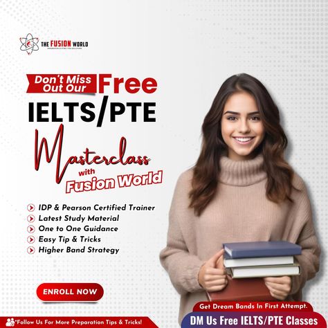 🌟 Unlock your potential with Fusion World's Free IELTS PTE Masterclass! 🚀 Elevate your language skills and open doors to endless opportunities. Don't miss out on this exclusive chance to excel! Join us today and #MasterYourLanguage. 📚🌏 [ielts preparation, ielts coaching, ielts institute, pte preparation, pte coaching, language mastery] Ielts Pte Creative Ads, Ielts Social Media Post, Ielts Pte Poster, Ielts Poster Design, Pte Preparation, Wallpaper Violet, Pte Exam, Iphone Wallpaper Violet, Ielts Preparation