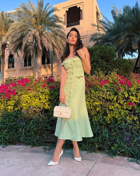 Nora Fatehi on Instagram: “They see pictures, they say, "Goals" Bitch, I'm who they tryna be 🧿💚 @alicemccallptyltd @manekaharisinghani” Mint Green Midi Dress, Peach Midi Dress, Nora Fatehi, Hearts On Fire, Insta Outfits, Mint Green Dress, Yay Or Nay, The Dancer, Alice Mccall