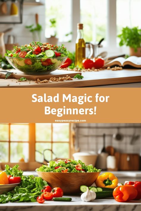 A fresh, colorful salad with mixed vegetables in a wooden bowl on a kitchen counter, surrounded by various ingredients and an open cookbook in the background. Impressive Meals, Basic Chocolate Chip Cookies, Simple Side Dishes, Salad Making, Quick Breakfasts, Simple Dinners, Beginner Recipes, Sliced Pears, Fun Salads