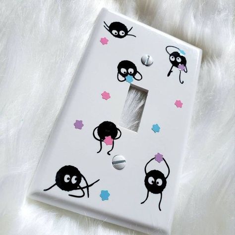 Soot Sprites Room Decor, Light Switch Cover Painting Ideas, Light Cover Painting Ideas, Totoro Themed Room, Painting Light Switches, Light Switch Painting Ideas, Light Switch Ideas, Anime Decor Ideas, Light Switch Painting