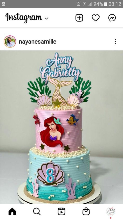 https://pin.it/7vvg7SMhX Mermaid Cake Two Tier, 2 Tier Mermaid Cake, Ariel Birthday Cake, Princess Theme Cake, Ariel Cake, 7th Birthday Cakes, Little Mermaid Cakes, Mermaid Birthday Party Decorations, Mermaid Birthday Cakes