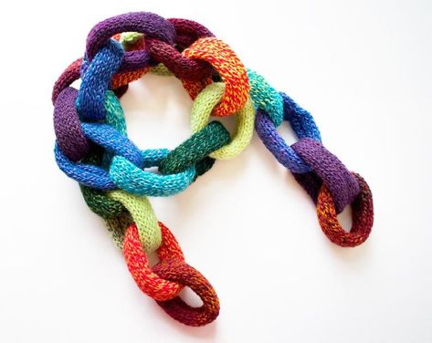 unique hand knitted scarf multicoloured statement Chain Link Scarf, Hand Knitted Scarf, Christmas Rainbow, Chain Scarf, Rainbow Scarf, Cosy Winter, Rainbow Bright, Hand Knit Scarf, Dark Outfits