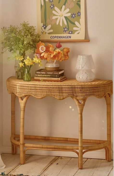 Aesthetic End Table, Retro Entryway Table, Wicker Home Decor, Wicker Furniture Living Room, Rattan Aesthetic, Wicker Living Room, Rattan Decor, Girly Apartments, Pinterest Contest