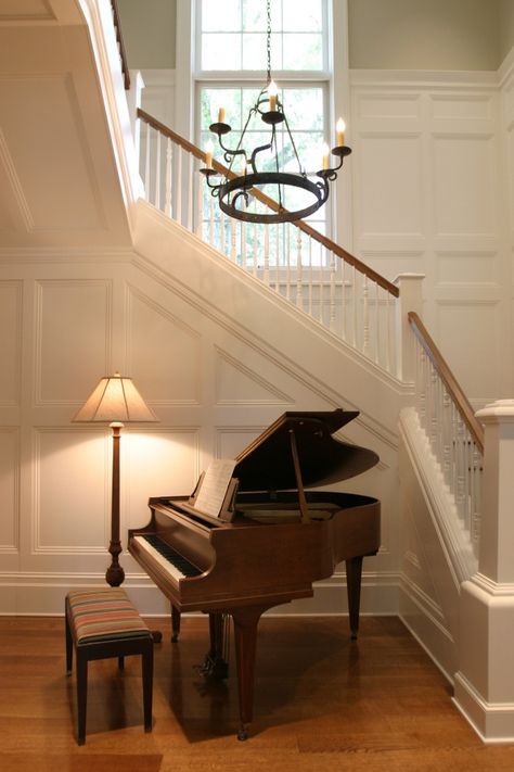 Piano In Entryway, Modern Farmhouse Apartment, Neighborhood Design, Farmhouse Apartment, Stairway Design, Crown Moulding, Design Themes, Living On A Budget, Grand Piano