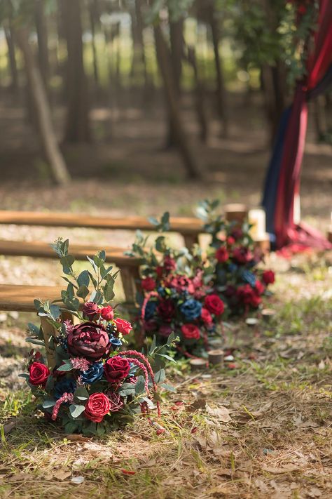 Navy Blue Wedding Decorations, Navy And Burgundy Wedding, Pew Flowers, Blue Wedding Decorations, Wedding Sign Decor, Wedding Archway, Large Flower Arrangements, Wedding Flower Packages, Aisle Flowers