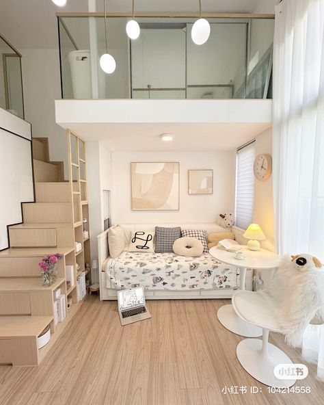 Korean Loft Apartment, Korean Home Interior, Blue Pink Bedroom, Pink Bedroom Interior, Loft Apartment Interior, Loft Apartment Aesthetic, Korean House Interior, Sanrio Bedroom, Korean Apartment Interior