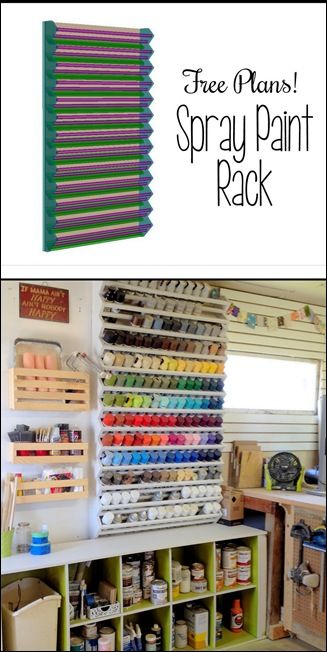 Woodworking Space, Spray Paint Storage, Woodshop Ideas, Garage Projects, Paint Rack, Paint Organization, Woodworking Organization, Painting Shop, Craft Shed