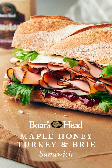 This Boar's Head® Maple Honey Turkey & Brie sandwich is stacked with everything you need to take a delicious moment to yourself. Fall Turkey Sandwiches, Turkey Pear Brie Sandwich, Boars Head Sandwich Recipes, Deli Sandwiches Ideas, Turkey Brie Sandwich, Brie Sandwich Recipes, Catering Dishes, Fall Sandwiches, Maple Turkey