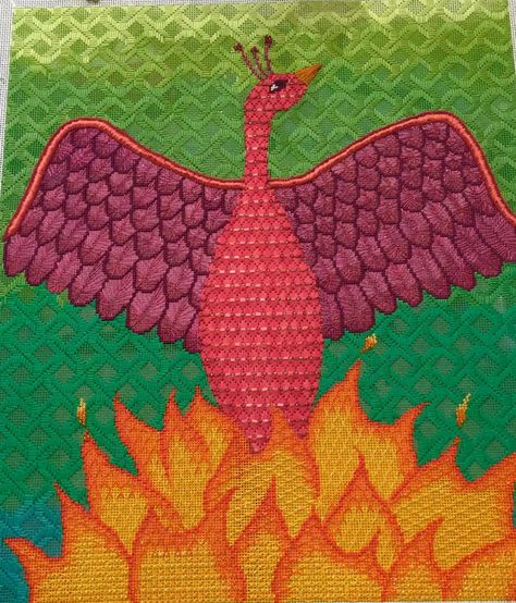 Zecca phoenix/firebird needlepoint Phoenix Cross Stitch Pattern, Needlepoint Stitches For Bird Feathers, Needlepoint Background, Needlepoint Birds, Needlepoint Grass Stiches, Needlepoint Butterfly, Whimsical Stitch Needlepoint, Charley Harper, Bird Canvas