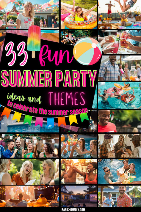 Discover 33 fun summer party ideas and themes for a fantastic backyard celebration. From party outfit ideas and delicious food for a crowd to stunning party decorations and invitations, you'll love these backyard summer party ideas for adults or kids. Find party decor tips for popular themes like a pool party, wild west party theme ideas, lemonade party, backyard BBQ, camp party, wine party, garden party, beach themed party, coastal grandmother-themed party, Hawaiian luau, and pizza party. Pool Party Theme Ideas Adults, Family Party Themes, Backyard Summer Party Ideas, Beach Party Ideas For Adults, Summer Party Ideas For Adults, Summer Party Themes For Adults, Backyard Summer Party, Wild West Party Theme, Beach Party Outfit Ideas