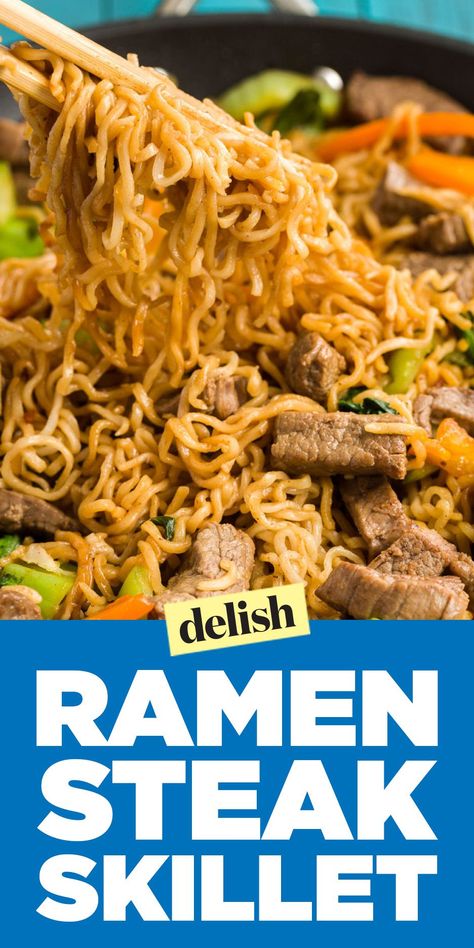 Steak Roman Noodles, Beef Roman Noodle Recipes Stir Fry, Ramen Noodle Skillet, Ramen Steak, Noodle Meals, December Meals, Roman Noodles, Quick Ramen, Top Ramen Recipes