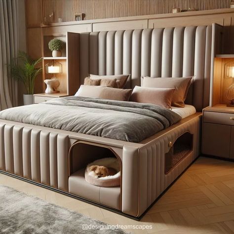 Bedroom Ideas With Pets, Bed With Dog Bed, Dog Bed Ideas For Bedroom, Built In Dog Bed, Bed Styles, Dog Bedroom, Amazing Bedroom Designs, Mixing Patterns, Bohemian Living Rooms