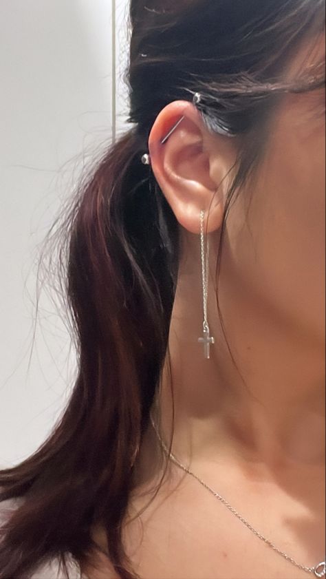 earring inspo Silver Metal Dangle Piercings, Tiny Sterling Silver Dangle Cartilage Earrings, Minimalist Sterling Silver Dangle Piercings, Chinese Ear Piercing, Industrial On Small Ear, Industrial Piercing, Cross Earrings