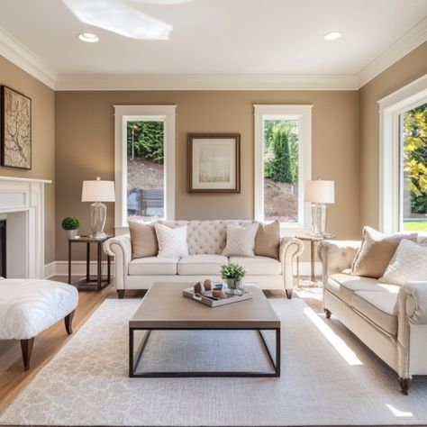 light brown living room White Room Brown Trim, Oak Trim Living Room Wall Colors, Light Brown Paint Bedroom, Light Brown House Interior, Brown Walls White Trim, Brown Paint Living Room Walls, Warm Neutral Wall Colors, Light Paint Colors For Bedroom, Light Brown Walls Living Room