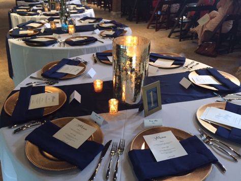 Rental: Navy Blue Polyester Napkins (150 in stock)- Check out our gold beaded chargers! Birthday Diner, Blue And White Table Setting, Navy Table Runner, Gold Place Setting, Blue Table Settings, Navy Table, Gold Table Setting, Silver Chargers, Wood Chargers