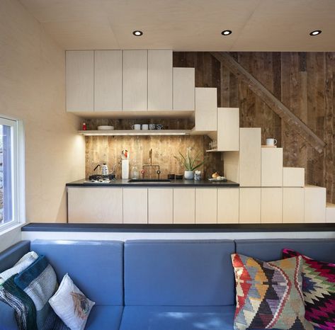 Photo 3 of 7 in Micro Cabin - Dwell Kitchen Under Stairs, Micro Kitchen, Micro Cabin, تحت الدرج, Stairs In Kitchen, Cabin Modern, Stair Design, Kitchen New York, Sunken Living Room