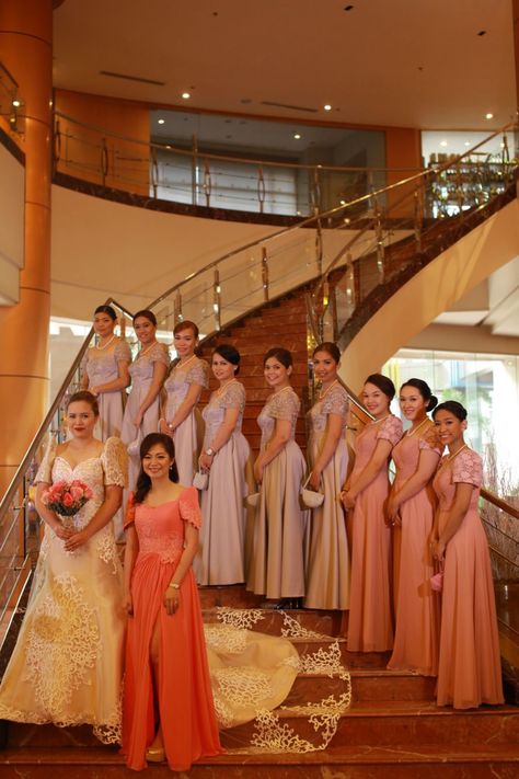 Filipiniana Wedding Theme, Modern Filipiniana Dress, Wedding Gowns, Barong Wedding, Wedding Blog ... Filipino Bridesmaid Dress, Old Rose Wedding Theme, Filipiniana Bridesmaid, Wedding Filipiniana, Pinoy Wedding, Filipino Dresses, Filipiniana Modern, Old Rose Wedding, Modern Filipiniana Gown