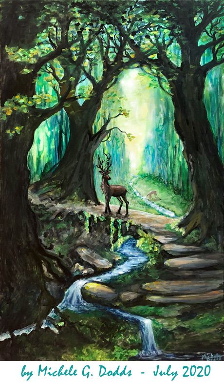 Michele Dodds - Paintings Forest With Animals Painting, Nature And Wildlife Painting, Woodland Scene Painting, Forest Drawing Watercolour, Enchanted Forest Paintings, Forest Cottage Drawing, Forest And Wildlife Drawing, Whimsical Nature Art, Deer In Forest Painting