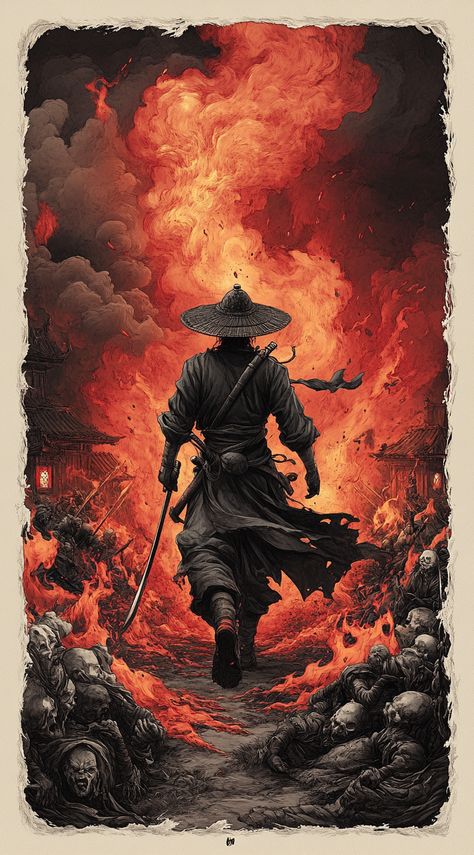 Step into the intense and dramatic scene of a lone samurai warrior striding through flames and chaos. This powerful image captures the essence of bravery, determination, and the fierce spirit of a true warrior. Perfect for those who appreciate epic tales and heroic art. 🌟✨ #Samurai #WarriorSpirit #EpicArt #Bravery #HeroicTales #FireAndSteel... Zeta Tattoo, Lone Samurai, Lone Warrior, Asian Warrior, Japanese Abstract, Dramatic Scene, Ancient Runes, Samurai Artwork, Spartan Warrior