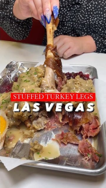 Alyssa • Las Vegas Foodie on Instagram: "🚨 FALL OFF THE BONE STUFFED TURKEY LEGS 🥹😫 Only at @stuffmyturkey702, they have INSANE Turkey legs that are stuffed! This one is their holiday Turkey leg topped with stuffing, gravy, cranberry sauce and served with their cornbread 🤤 #turkeyleg #turkey #cornbread #food #foodie #dailyfoodfeed #lasvegas #travel #explorepage #foodbeast #thrillist #reelsfood #reelsviral" Stuffed Turkey Legs Recipe, Turkey Legs Recipe, Stuffing Gravy, Turkey Leg Recipes, Stuffed Turkey, Turkey Leg, Holiday Turkey, Turkey Legs, Cornbread Dressing